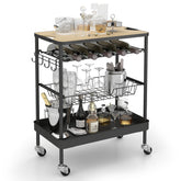 Sekey Serving Trolley with Wheels – Bar Trolley & Kitchen Trolley with MDF Top, Wine Glass Holder, Hooks & Drawer Basket, 360° Wheels, Handle, Rustproof – Black